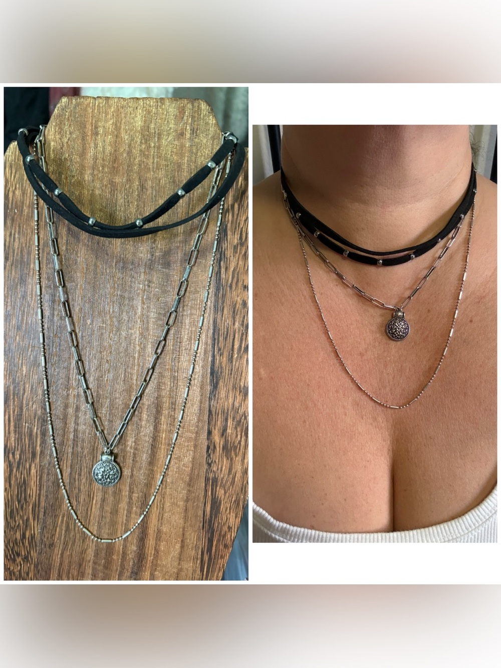 Layered Black faux Suede choker & Free People Silver Multi-Strand Necklace